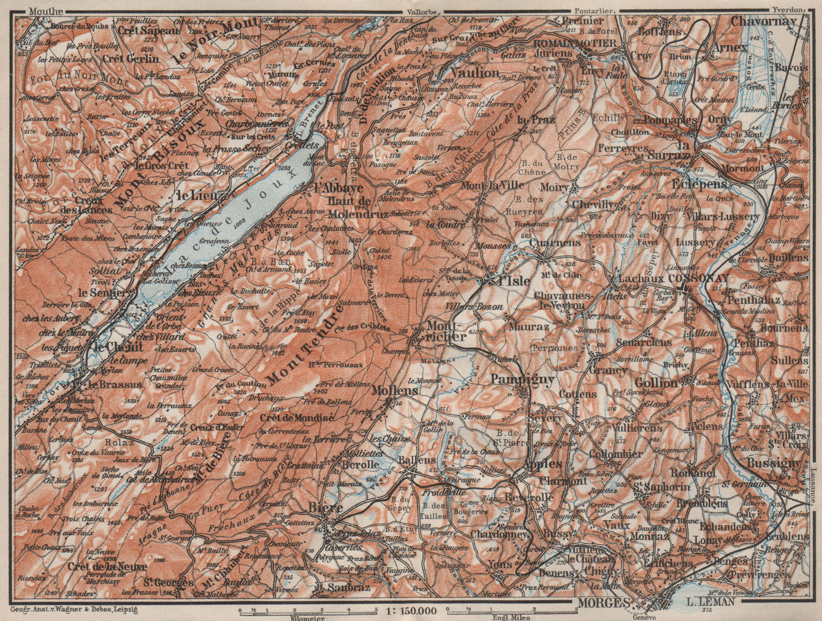 WESTERN JURA. Morges Cossonay Vaulion Mont Risoux/Tendre Lac de Joux 1909 map